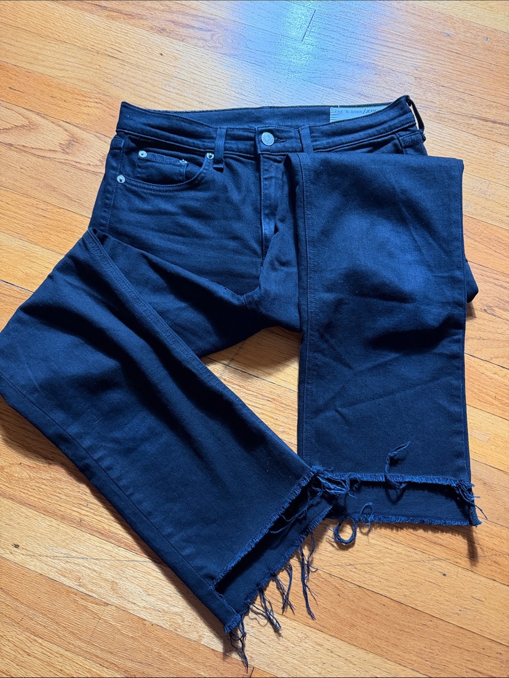 rag & bone Women's Black Straight Leg Jeans with Frayed Hem